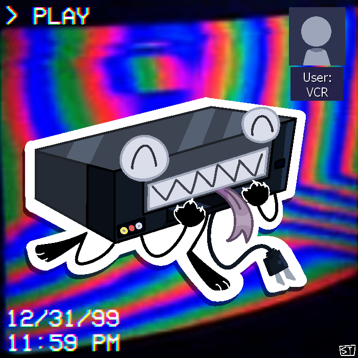 Image description: An anthropromorphic VCR player with one leg kicked up. She is smiling and has her tongue rolled out of her mouth. The text states 'USER: VCR.' End description.