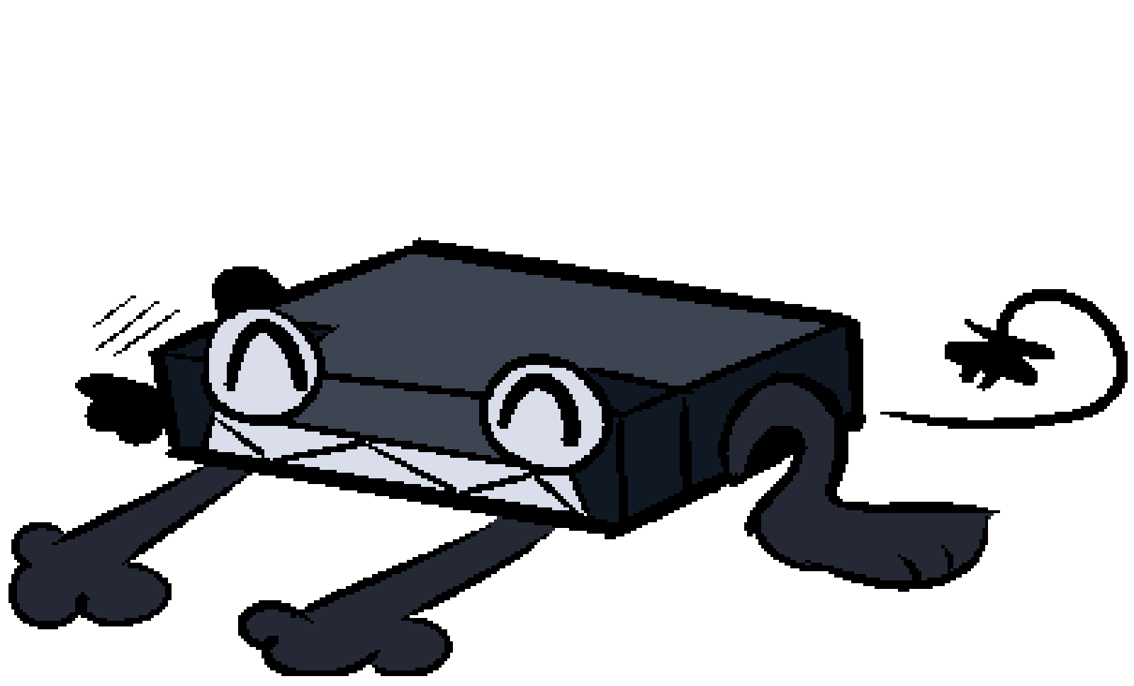 Image description: One doodle of an anthropromophic VCR laying down on all fours, another doodle of xem rolled onto her back with their tongue sticking out. End description.